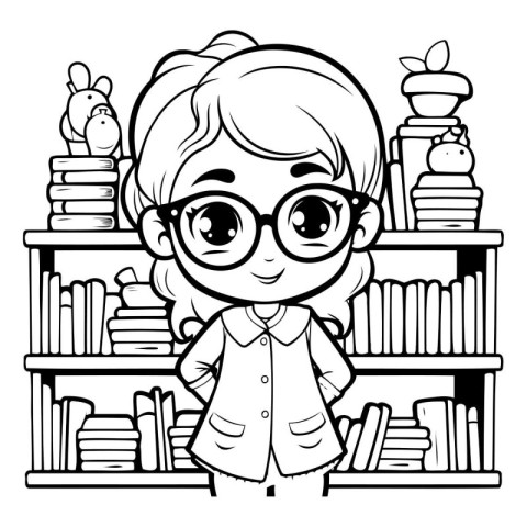 Girl in glasses standing on a bookshelf. Vector illustration.