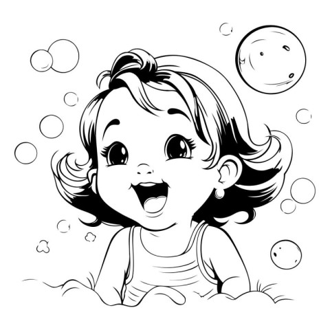 Cute little girl playing with soap bubbles. Black and white vect