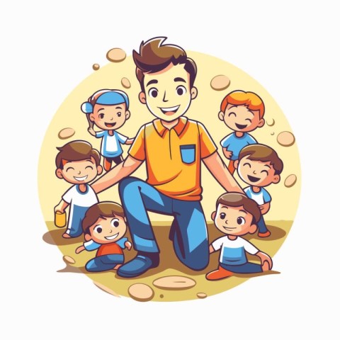 Happy family. Father with children. Vector illustration in carto