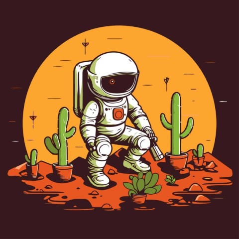 Astronaut in the desert with cactus. Vector illustration.