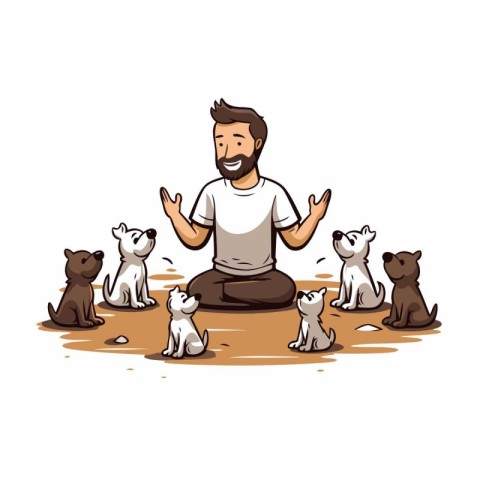 Vector illustration of a man sitting on the ground with many dog