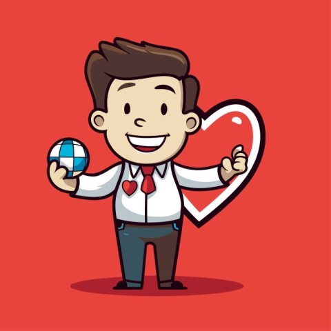 Businessman holding heart and globe. Vector cartoon character il