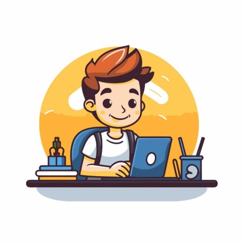 Boy with laptop and coffee. Vector illustration in flat cartoon