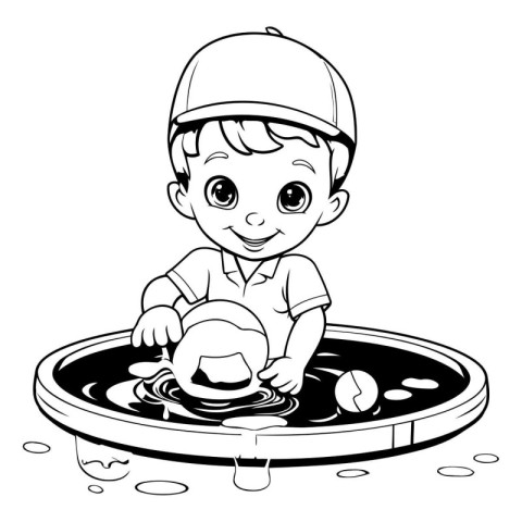 Black and White Cartoon Illustration of Cute Little Boy Playing