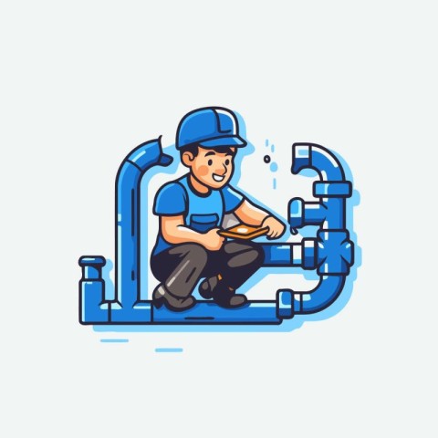 Plumber with wrench repairing pipeline. Vector illustration in f