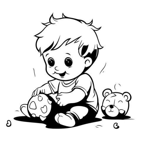 Little boy playing with teddy bears - black and white vector ill