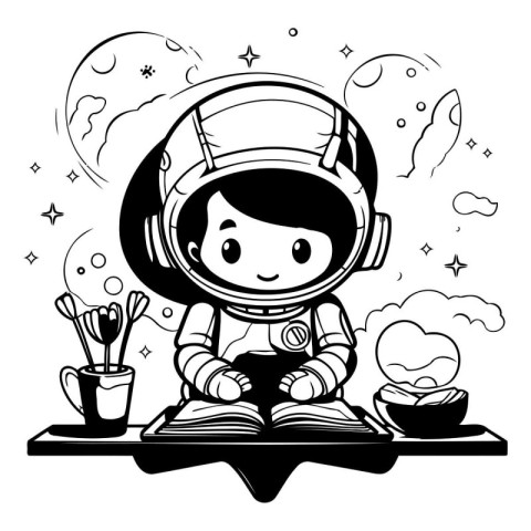 astronaut girl with book and cup of tea vector illustration desi