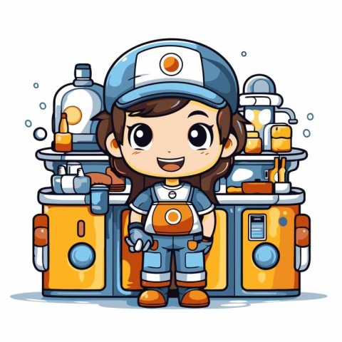 Cute cartoon firefighter girl in uniform. Vector clip art illust