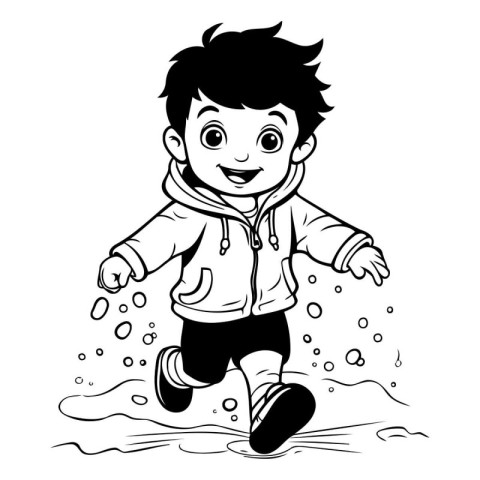 Black and White Cartoon Illustration of a Cute Little Boy Runnin