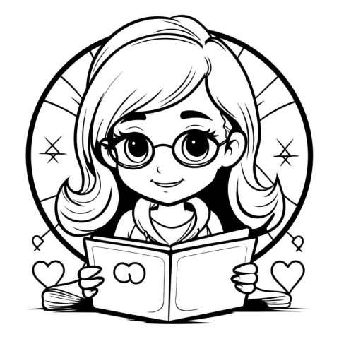 Cute Cartoon Girl Reading a Book - Black and White Vector Illust