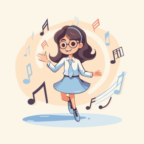 Cute little girl in school uniform listening to music. Cartoon v