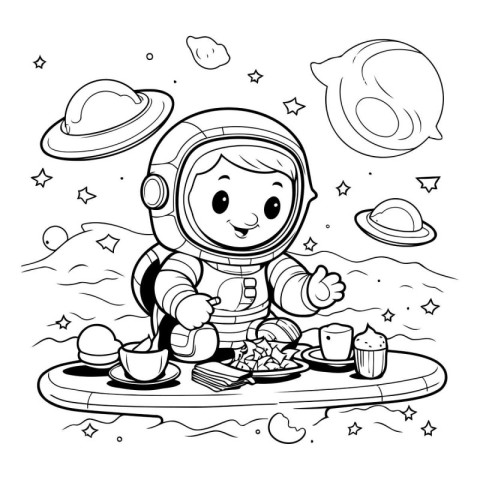 Coloring Page Outline Of a Cartoon Astronaut having a breakfast