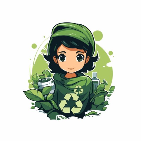 Vector illustration of a cartoon girl with a recycling symbol on