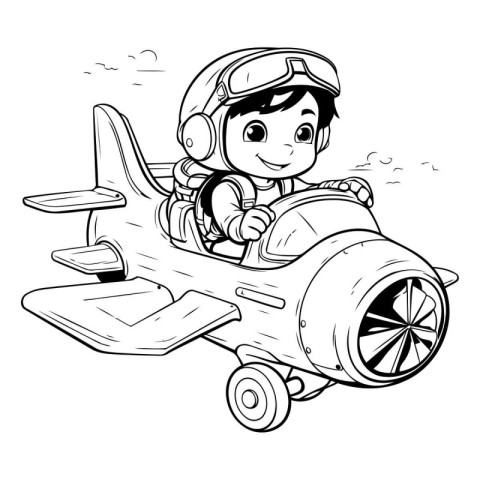 Little boy in a pilot's helmet driving a toy airplane. Vector il