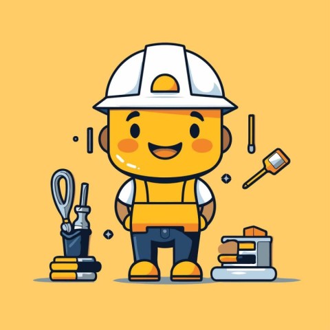 Cute cartoon character construction worker with tools. Vector fl