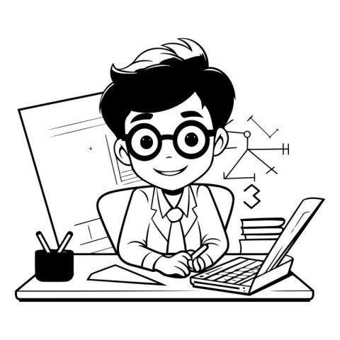 student boy with computer and books in the classroom vector illu