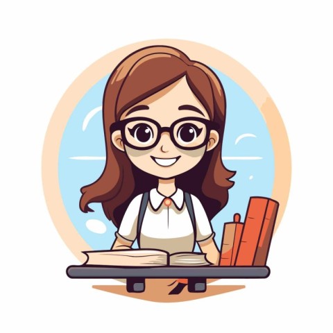 School girl with books and glasses. Vector illustration in carto