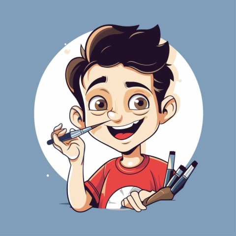 Vector illustration of a smiling boy with a set of tools for dra