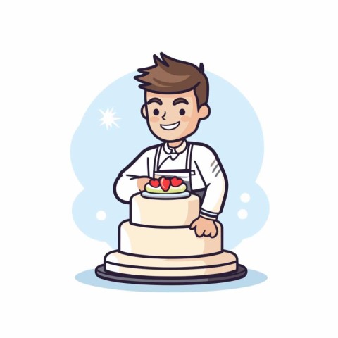 cute boy chef holding a piece of cake. cartoon vector illustrati