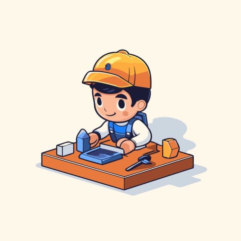 Illustration of a Cute Boy Repairing a Laptop.