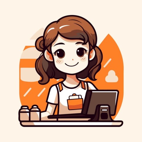 Cute little girl working at home. Vector illustration in cartoon