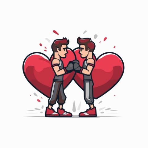 Two Boxers fighting with big red heart. Cartoon vector illustrat