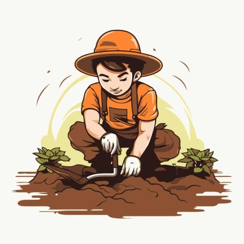 Gardener planting seedlings in the ground. Vector illustration.