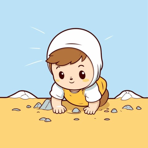 Cute little muslim baby in the desert. Vector illustration.