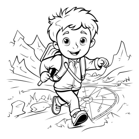 Boy hiking with a backpack. Coloring book for kids. Vector illus