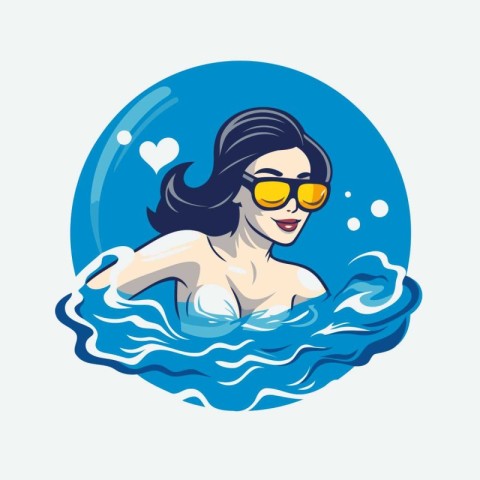 Illustration of a woman swimming in a pool with heart shaped sun