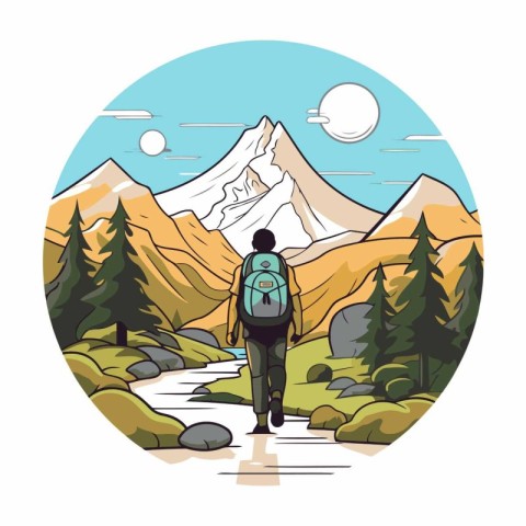 Hiking man with backpack on the road in the mountains. Vector il