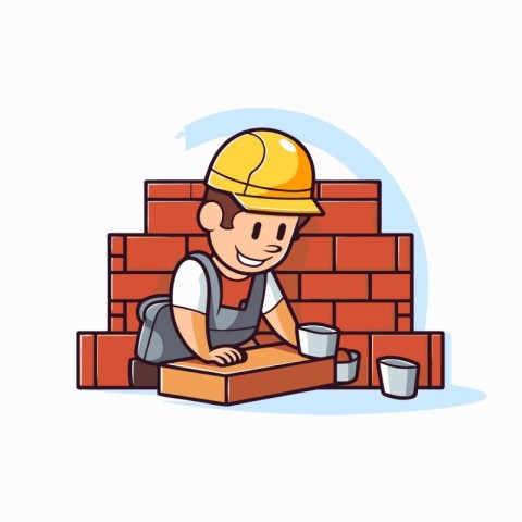 Worker building a brick wall. Vector illustration in cartoon sty