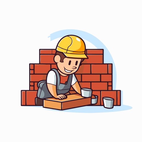 Worker building a brick wall. Vector illustration in cartoon sty