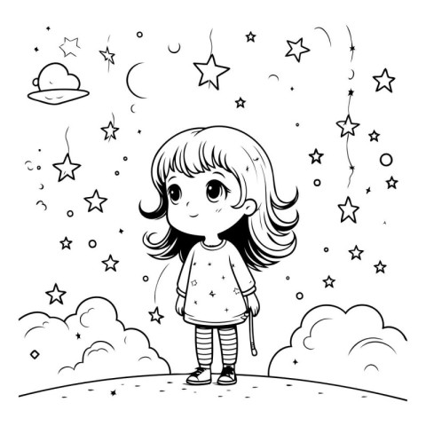 Cute little girl in the night sky. Black and white vector illust