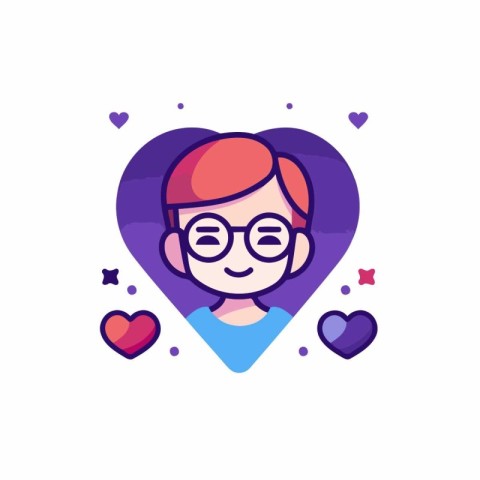 Cute boy with glasses and hearts. Vector illustration in flat st