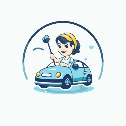 Cute boy driving a car and holding a steering wheel. Vector illu