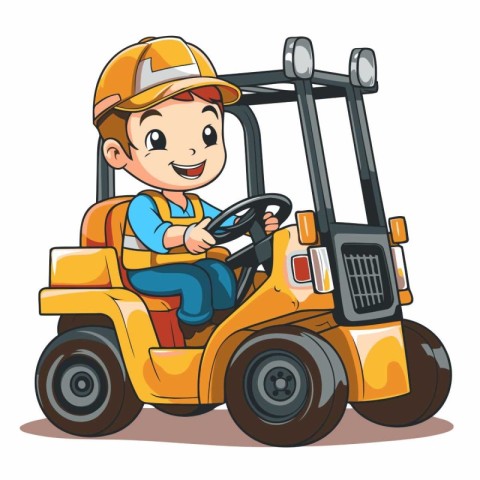 Cartoon character of a little boy driving a forklift truck.