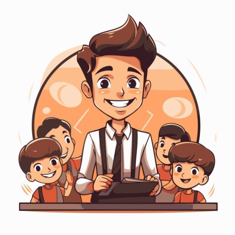 Happy cartoon man with typewriter and his children. Vector illus