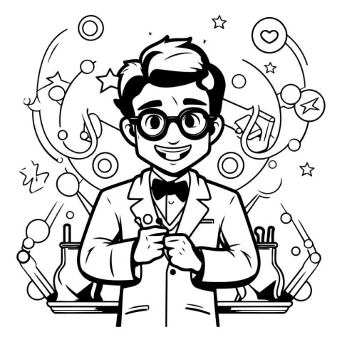 Black and White Cartoon Illustration of a Teacher or Professor C