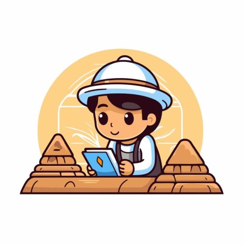 Boy using tablet and pyramids on white background. Vector illust