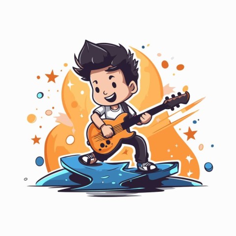 Cartoon boy playing the guitar. Vector illustration on white bac