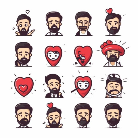 Set of hipster avatars with different emotions. Vector illustrat