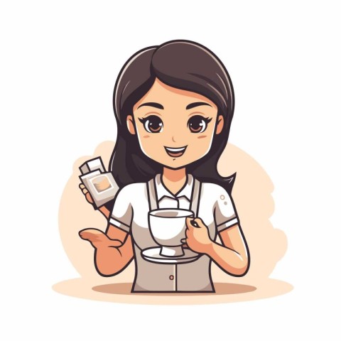 Coffee shop staff woman holding a cup of coffee. Vector illustra