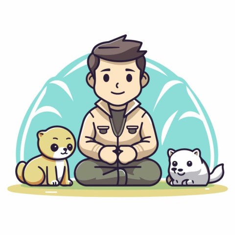 Man sitting with his pets. Vector illustration in a flat style.