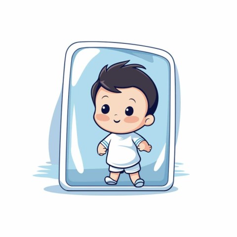 cute little boy with mirror on white background. vector illustra