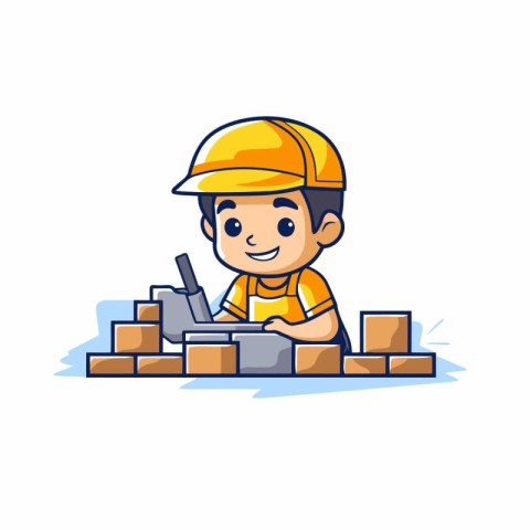 Cute little boy construction worker building brick wall. cartoon