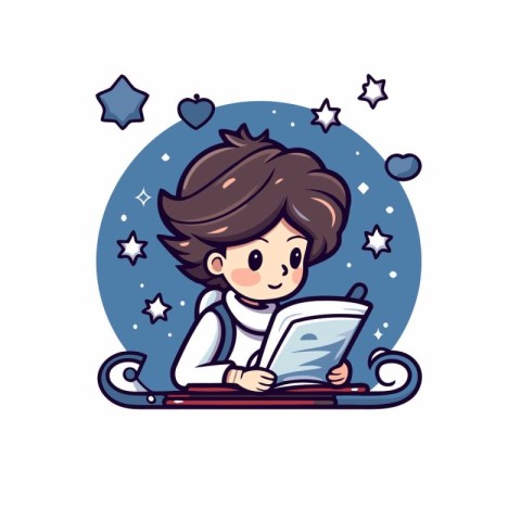 Cute boy reading a book on a sled. Vector illustration.