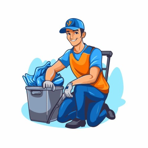 Vector illustration of a cleaning man in overalls and gloves. Cl