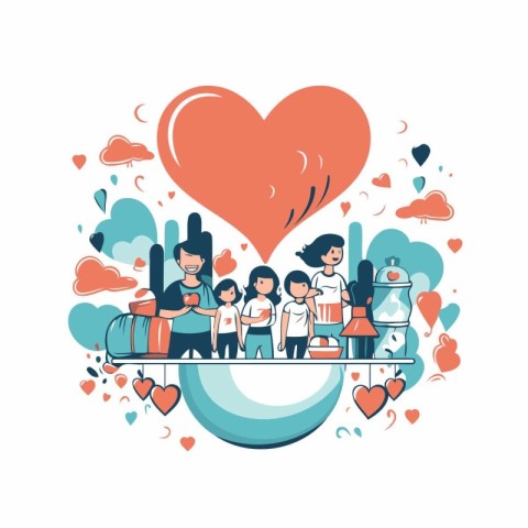 Happy family with children and big heart. Vector illustration in