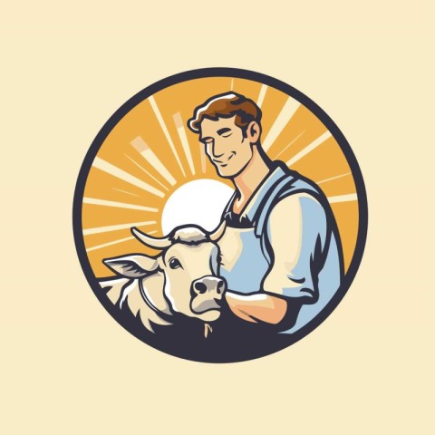 Vector illustration of a farmer holding a cow with sunburst in t